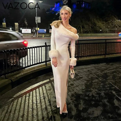 Fur Collar Off One Shoulder Bodycon Dress
