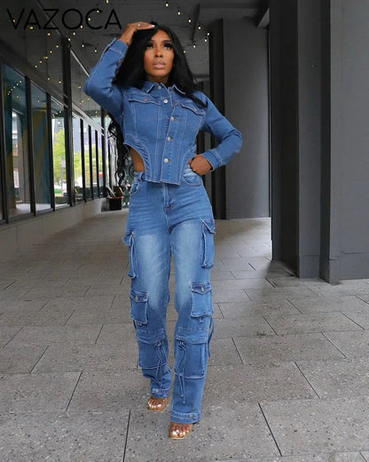 Lora Cargo Denim Pants Set