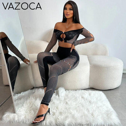 Off-Shoulder Long Sleeve Mesh Set