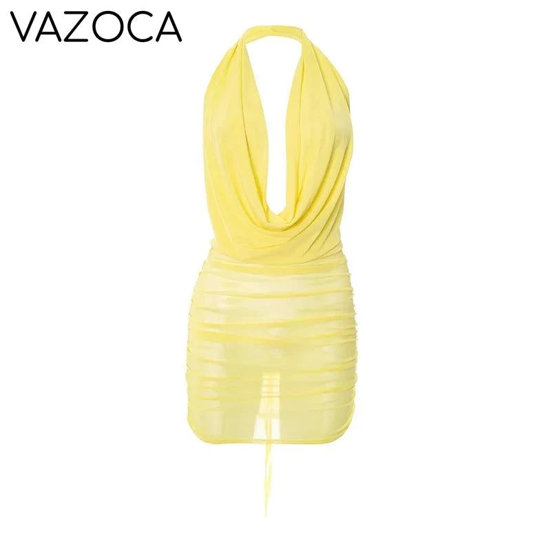 Michella Sheer Pleated Mini Dress Yellow