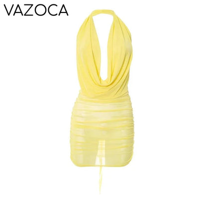Michella Sheer Pleated Mini Dress Yellow