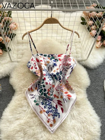 Aesthetic Satin Backless Vest Colorful Flowers One Size