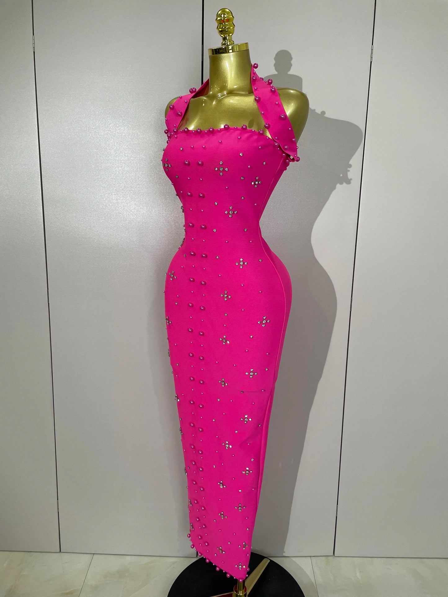 Rhinestone Pearl Bandage Midi Dress