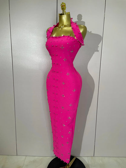 Rhinestone Pearl Bandage Midi Dress