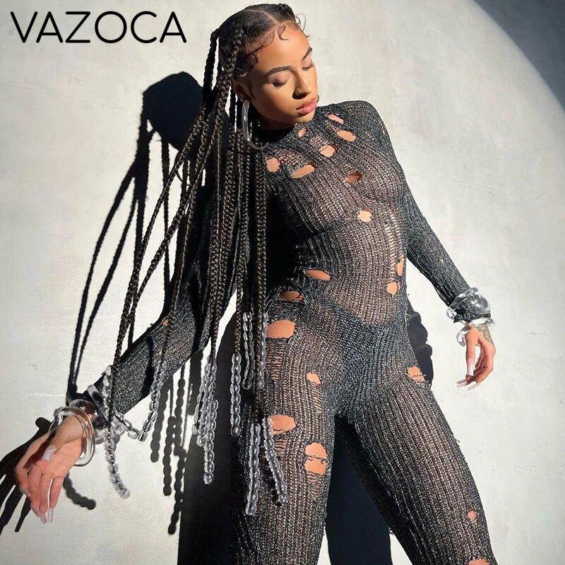 Hollow Ripped Knitted Jumpsuit
