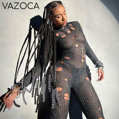 Hollow Ripped Knitted Jumpsuit