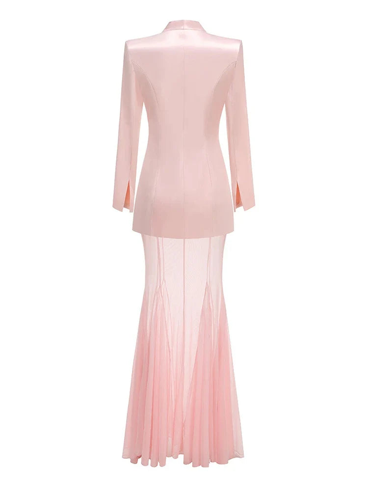 Pink Blazer Mesh Skirt Set