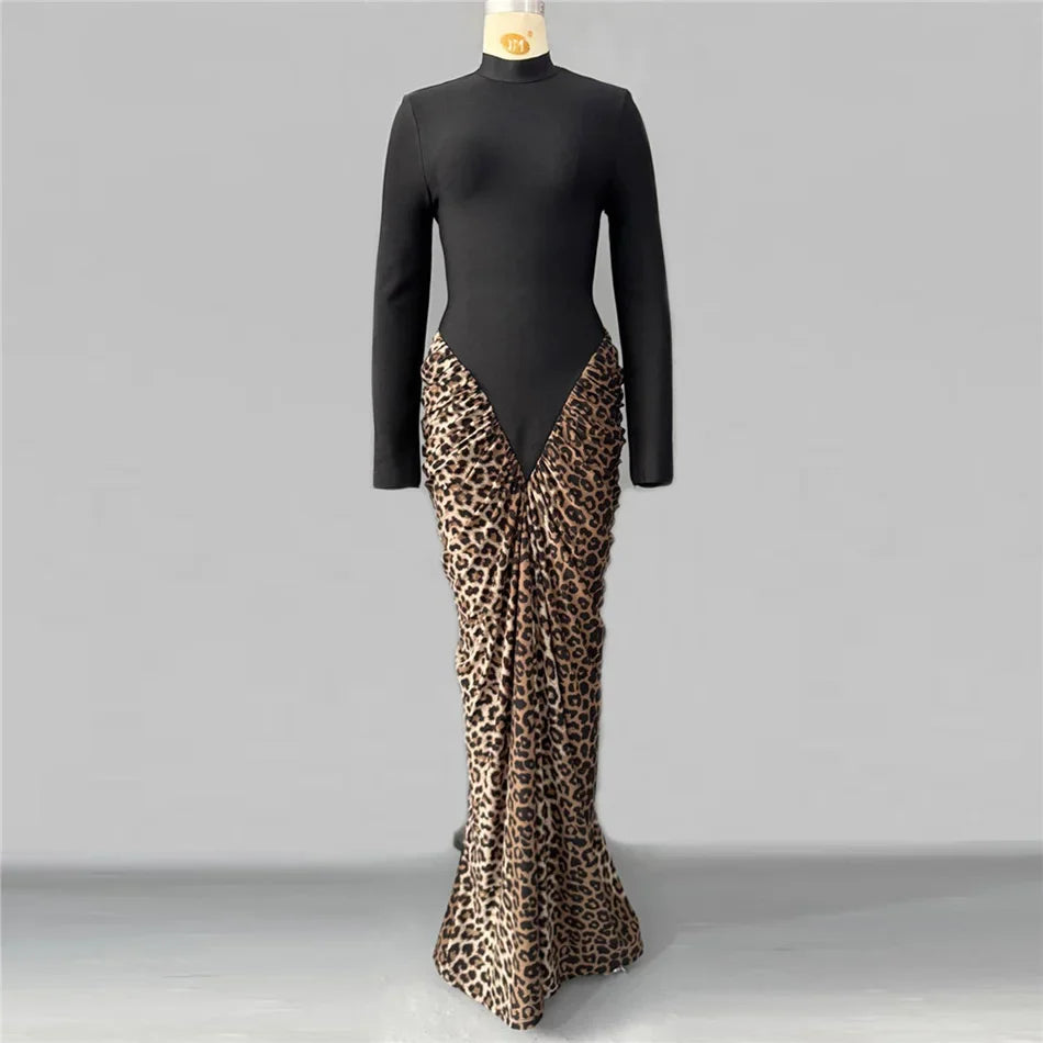 Leopard Pleated Bandage Maxi Dress