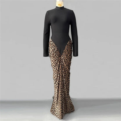 Leopard Pleated Bandage Maxi Dress