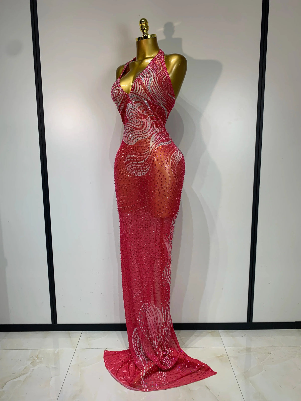 Luxe Rhinestone Mesh Maxi Dress- Peach Pink