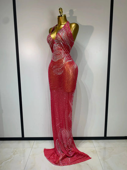 Luxe Rhinestone Mesh Maxi Dress- Peach Pink