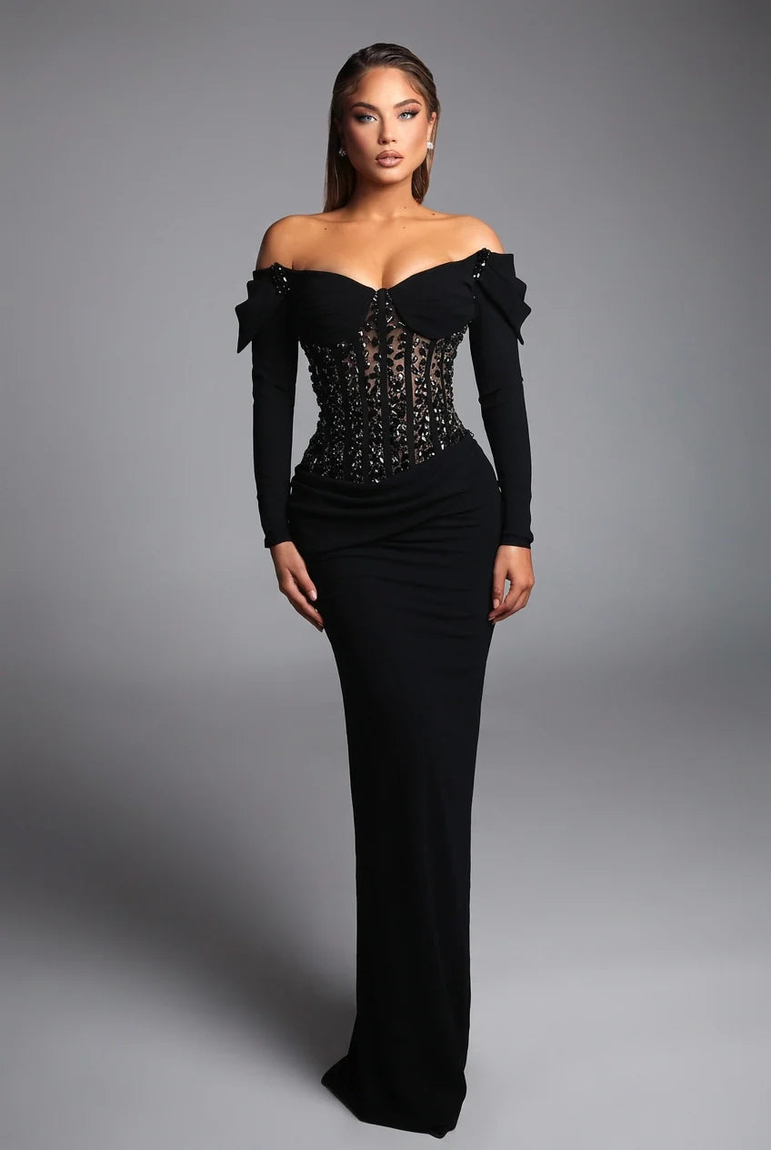 Porsha Satin Sequins Maxi Dress