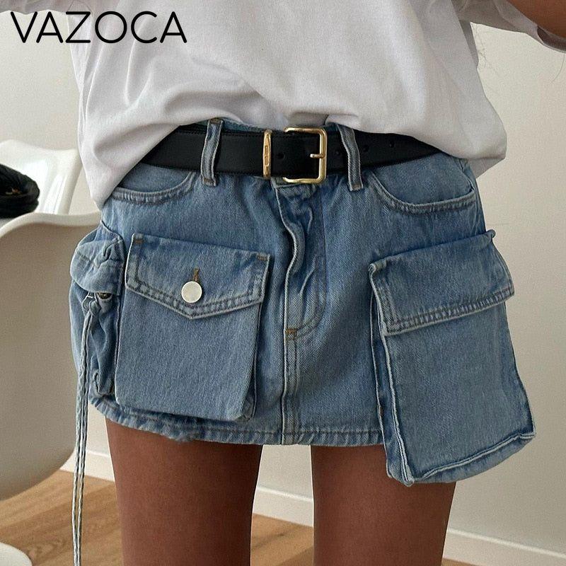 Asymmetrical Pockets Denim Skirt