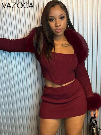 Fur Shawl Top Skirt Set