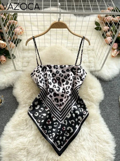 Aesthetic Satin Backless Vest Black Leopard One Size