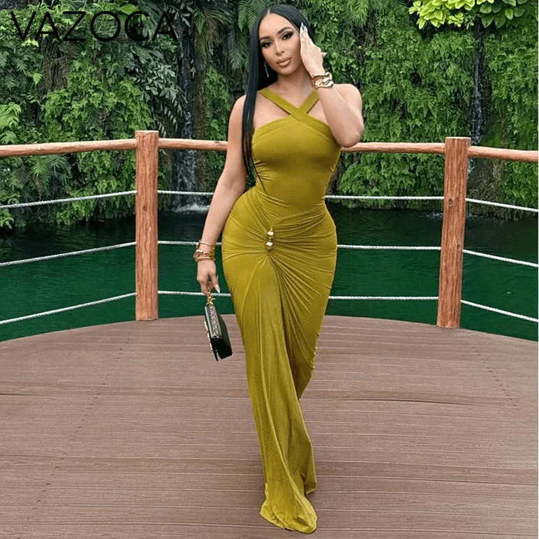 Cross Neck Ruched Maxi Dress