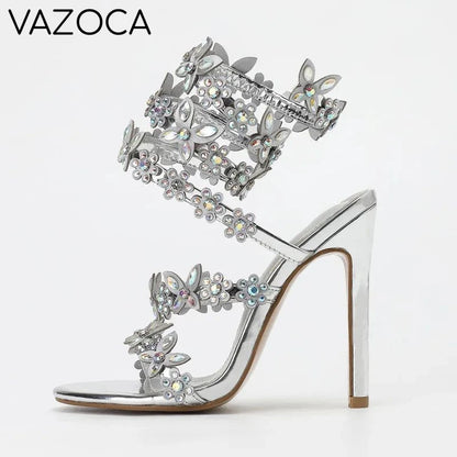 Butterfly Flowers Gladiator High Heels Silver