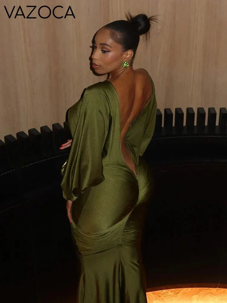 Deep-V Backless Ruched Maxi Dress