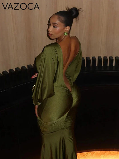 Deep-V Backless Ruched Maxi Dress