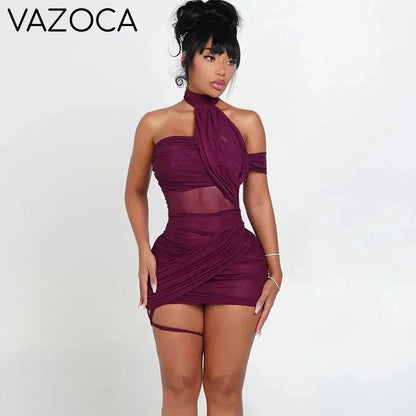 Mesh Wrap Halter Mini Dress