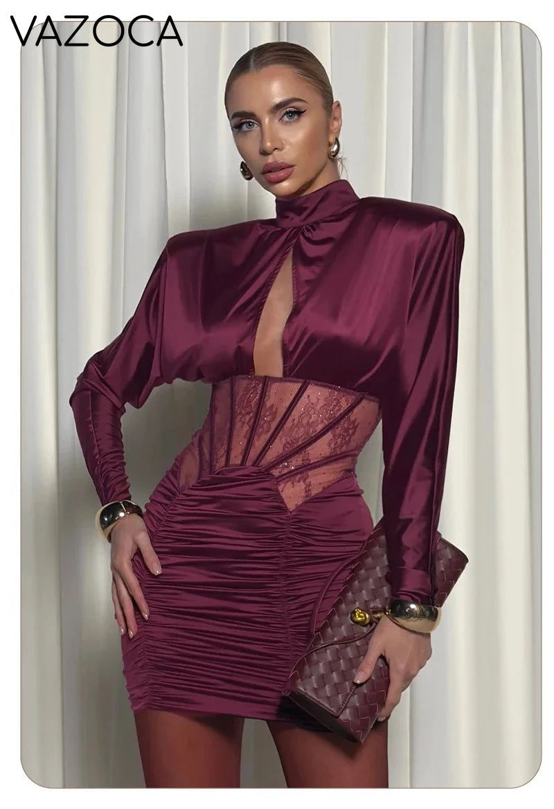 Burgundy Satin Corset Ruched Dress