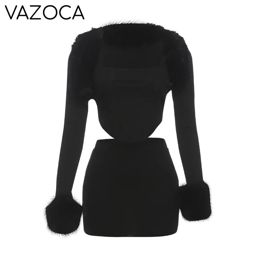 Fur Shawl Top Skirt Set