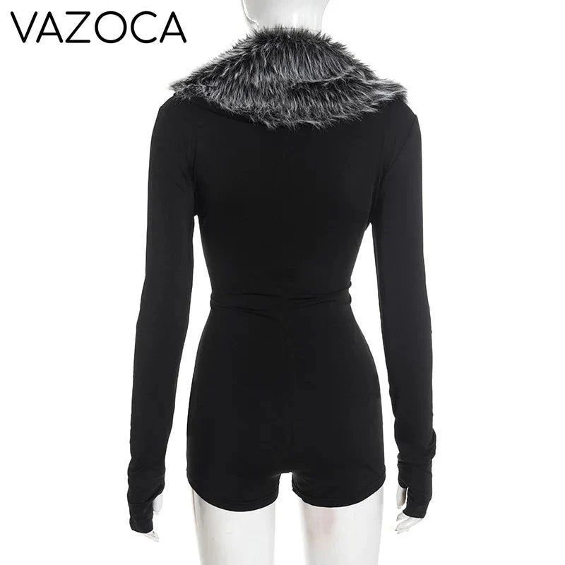 Luxe Fur Deep V-Collar Romper