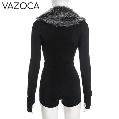 Luxe Fur Deep V-Collar Romper