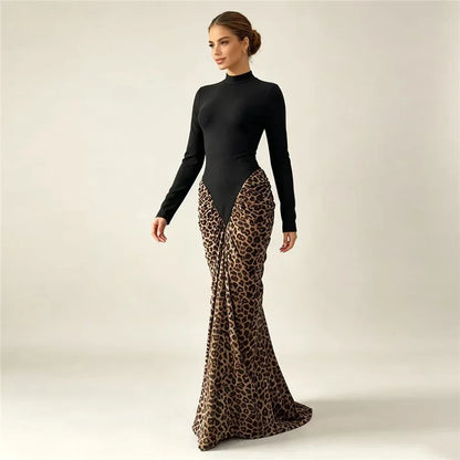 Leopard Pleated Bandage Maxi Dress