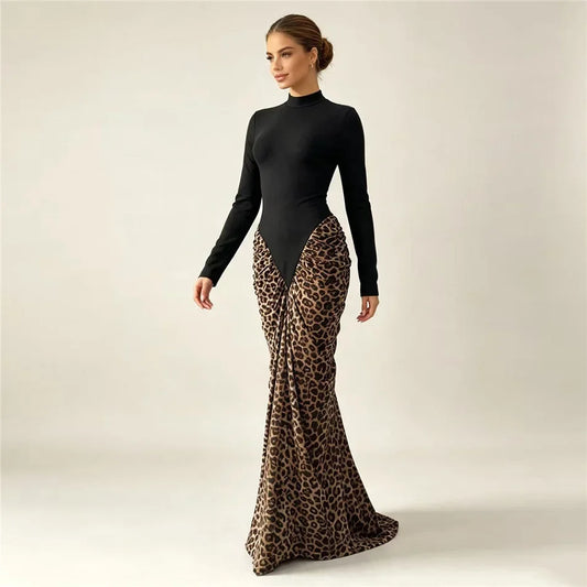 Leopard Pleated Bandage Maxi Dress