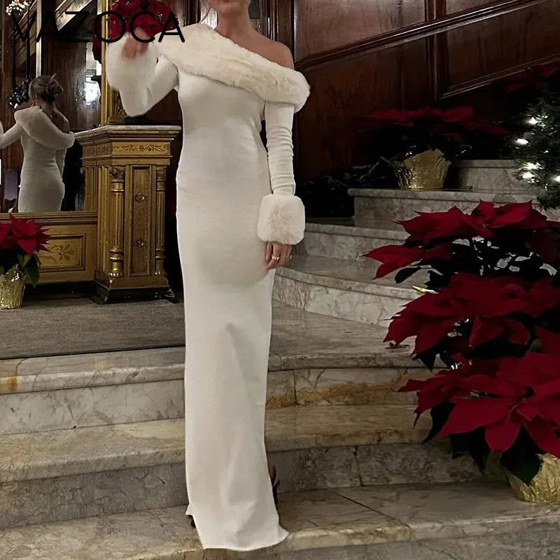 Fur Collar Off One Shoulder Bodycon Dress