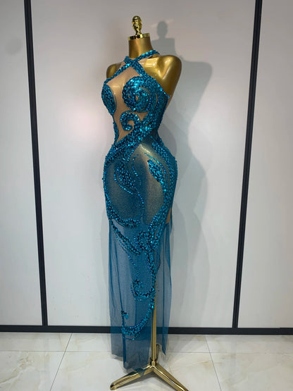 Blue Rhinestone Sequins Mesh Maxi Dress