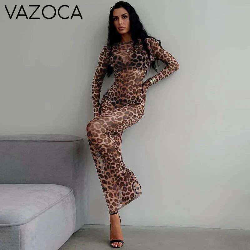 Leopard Mesh Long Sleeve Maxi Dress