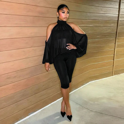 Turtleneck Sheer Chiffon Capris Set