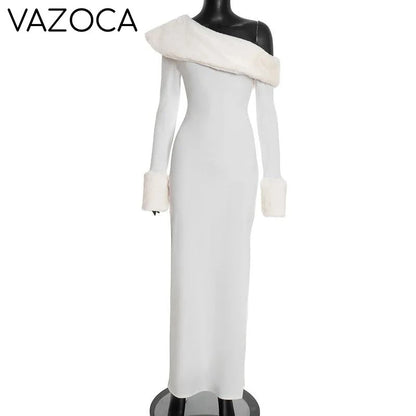 Fur Collar Off One Shoulder Bodycon Dress