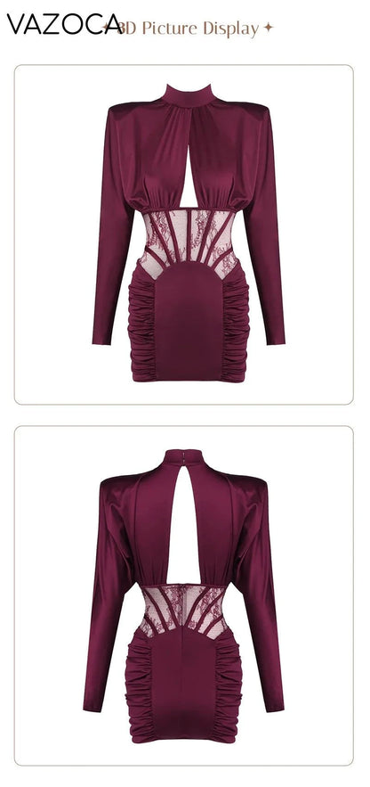 Burgundy Satin Corset Ruched Dress