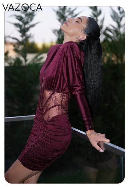 Burgundy Satin Corset Ruched Dress