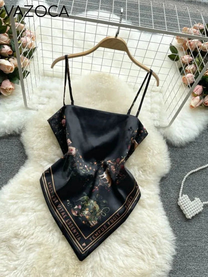 Aesthetic Satin Backless Vest Letter Black One Size