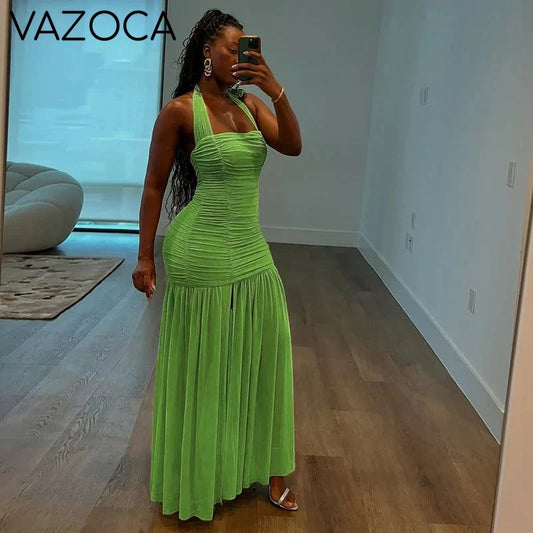 Lime Ruched Halter Maxi Dress