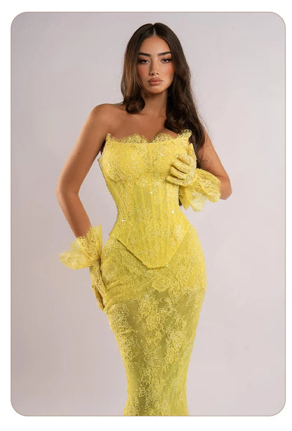 Yellow Lace Mermaid Sheer Maxi Dress