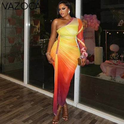 Ombre One-Shoulder Draped Mesh Dress