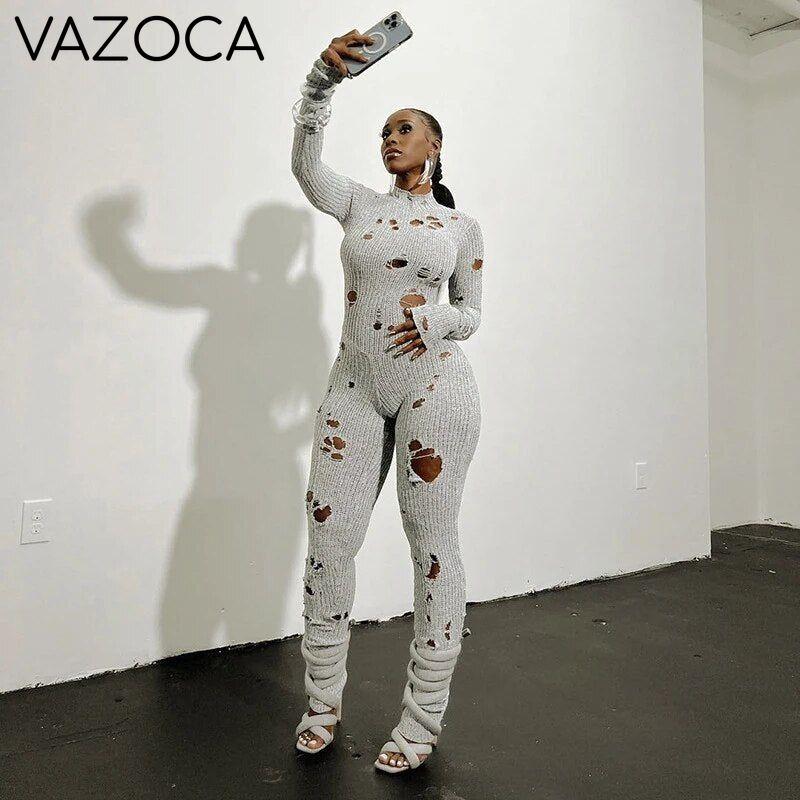 Hollow Ripped Knitted Jumpsuit