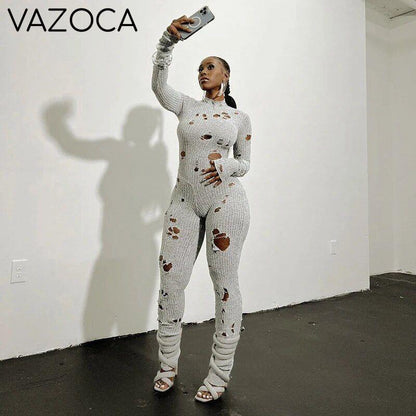 Hollow Ripped Knitted Jumpsuit