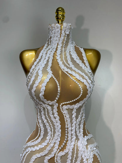 Pearl Sequined Mesh Maxi Dress