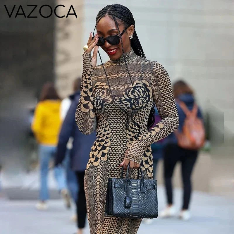 Embroidery Turtleneck Mesh Dress