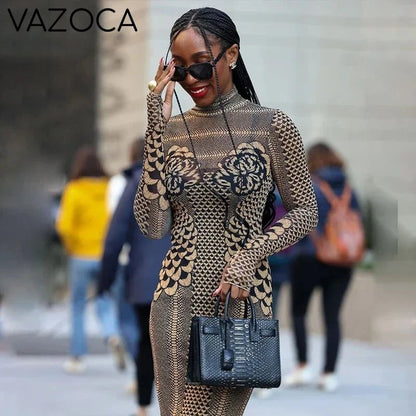 Embroidery Turtleneck Mesh Dress