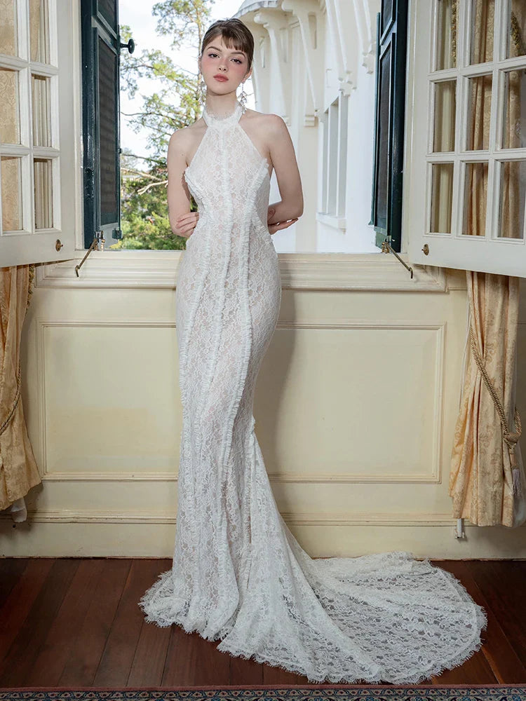 White Lace Mermaid Maxi Dress