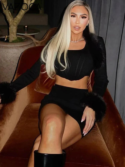 Fur Shawl Top Skirt Set black