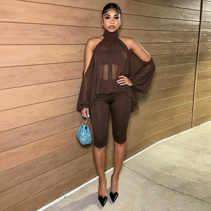 Turtleneck Sheer Chiffon Capris Set