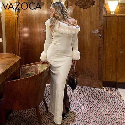 Fur Collar Off One Shoulder Bodycon Dress